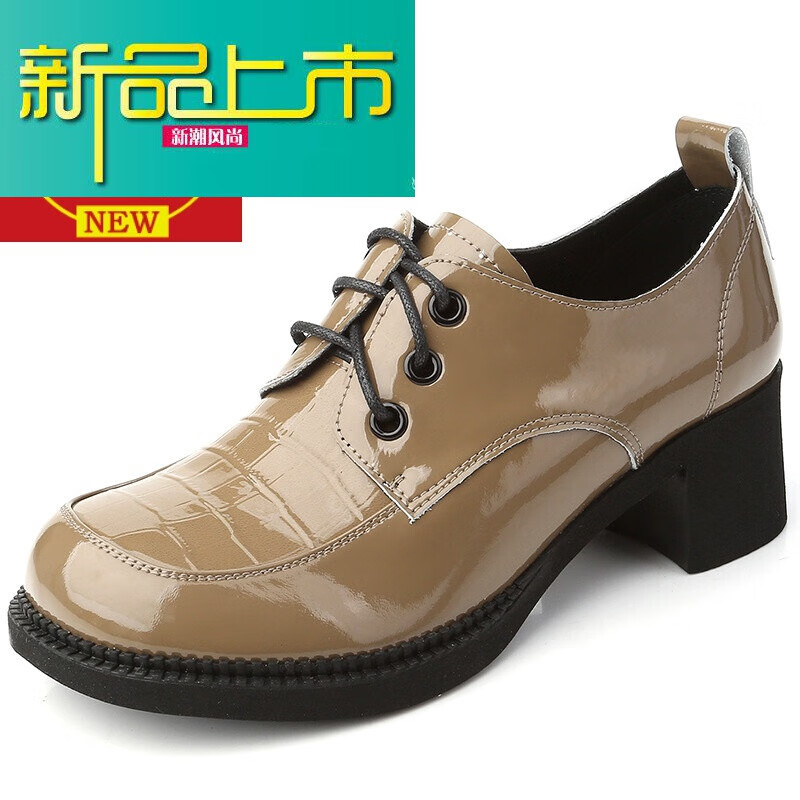 新款上市女单鞋2021秋季新款女鞋大码漆皮牛皮时尚系带圆头皮鞋粗跟