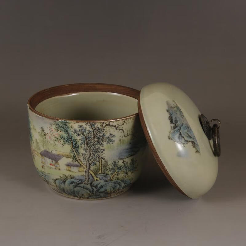 欧阳先生民国居仁堂豆青粉彩山水盖罐茶叶罐古董仿古瓷器摆件老物旧货