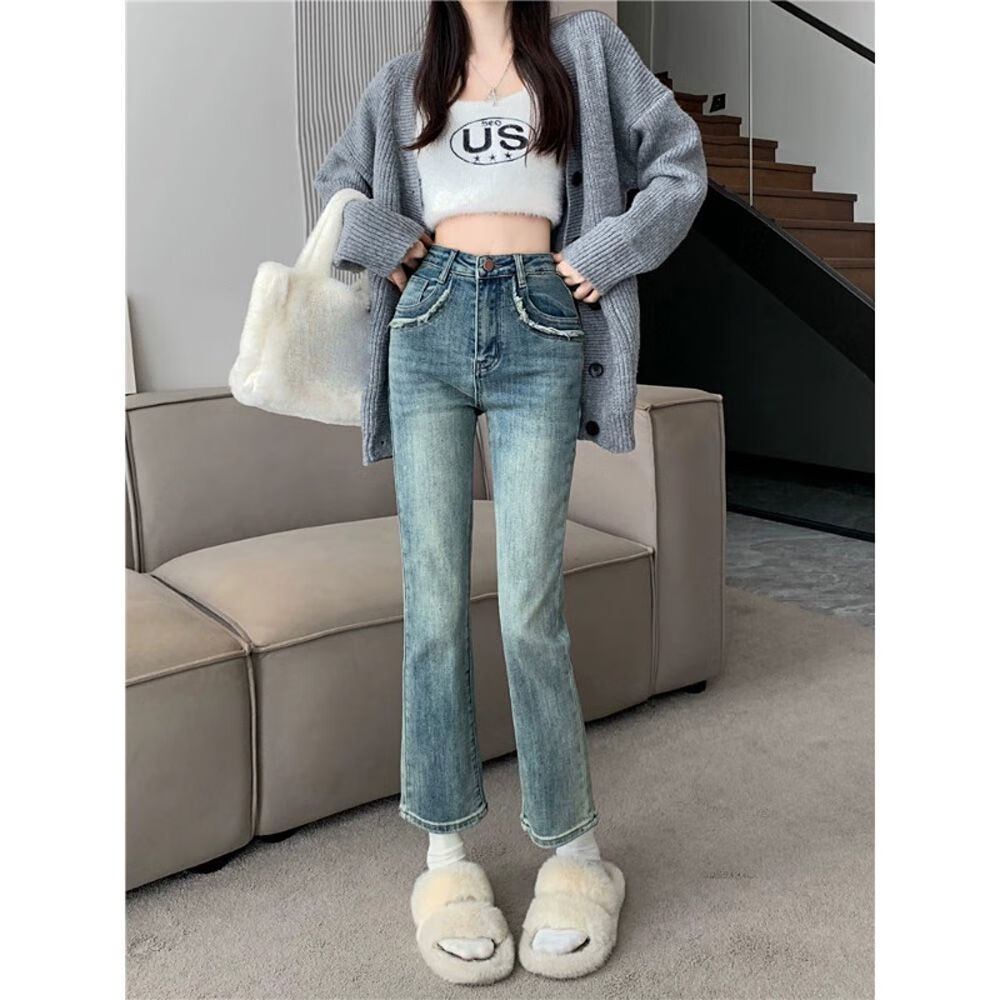 优如穗松紧带女春夏大码外穿感口袋毛边小众直筒牛仔裤女春夏新款高