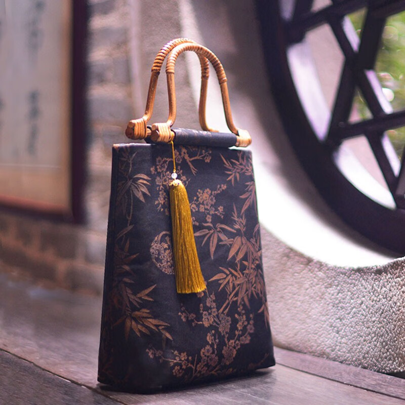 袋鼠輕奢品牌原創(chuàng)國(guó)風(fēng)復(fù)古手工香云紗木柄手提布包女宴會(huì)旗袍漢服禮品 黑色 香云紗竹子小木柄