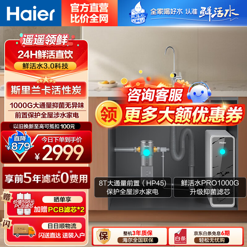 海尔（Haier）鲜活水Pro1000G大通量净水器家用净水机5年RO反渗透过滤器厨下式净饮机全屋净水器管线机套装 【两件套】净水器+旗舰智能前置