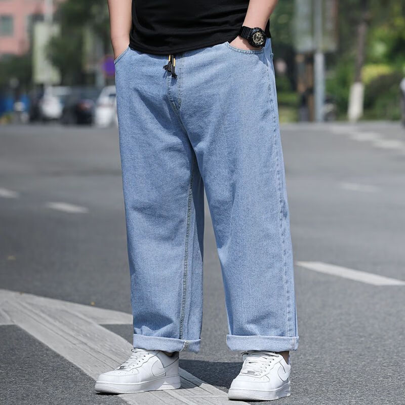 晟侠加肥加大休闲紧腿裤男胖子肥佬穿松紧腰牛仔裤男宽松大码男士秋季