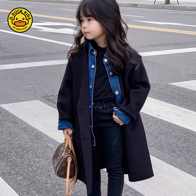 G.DUCKKIDS韓國(guó)中小童裝毛呢大衣新款兒童秋冬黑色外套女童長(zhǎng)款氣質(zhì)呢子風(fēng)衣 黑色 110 建議身高115cm以內(nèi)