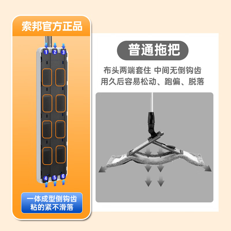 索邦（sobam）平板拖把42cm6布家用一拖净免手洗2026拖地神器带桶一套墩布拖布 【靛蓝31】42cm拖把+6布+折叠桶