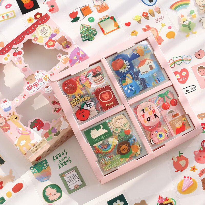芯陌100张手帐贴手账本贴纸套装可爱卡通儿童女孩贴画透明防水水杯