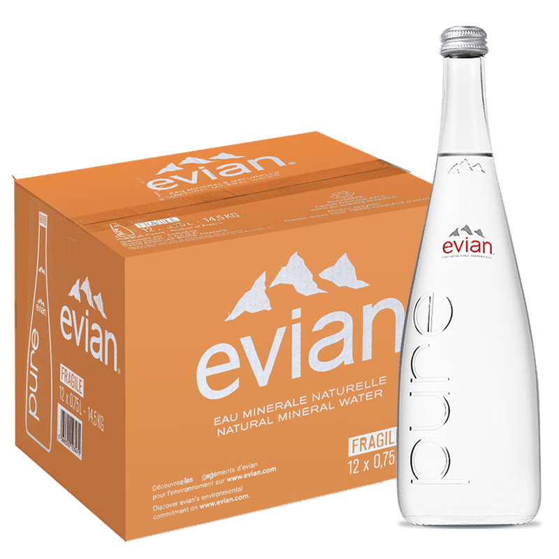 依云(evian) 法国进口天然矿泉水饮用水玻璃瓶 750ml 12瓶 1箱 无气