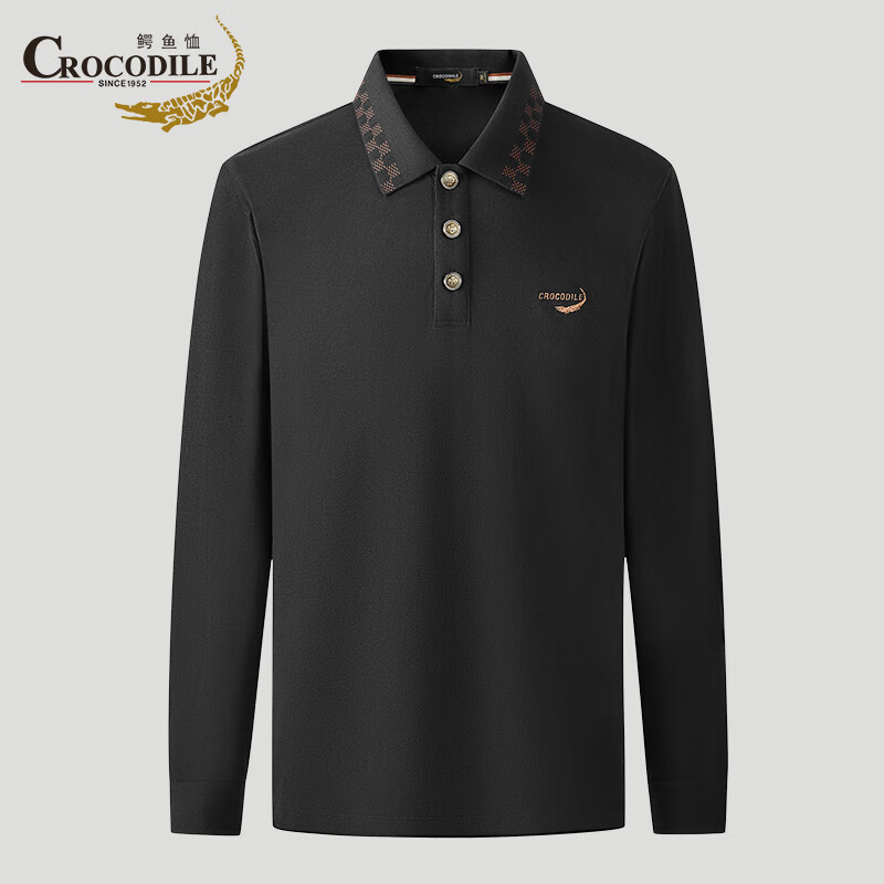 鳄鱼恤（CROCODILE）男士POLO衫商务休闲纯色秋冬中青年打底长袖衫t恤简约通勤 黑色 3XL 56