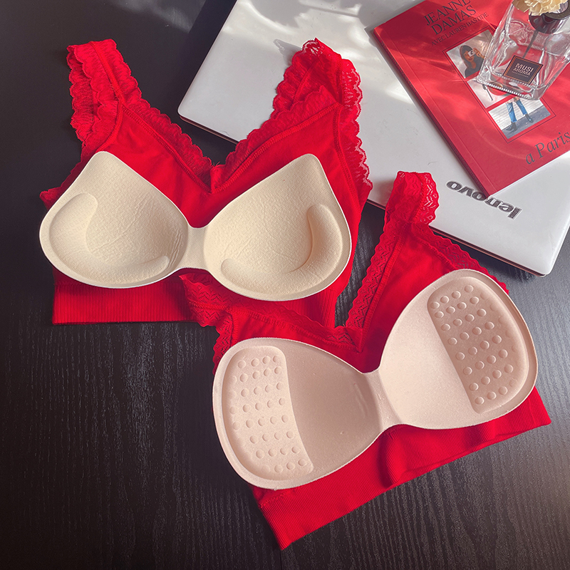 内衣大红色本命年结婚内衣免穿文胸聚拢大u无缝美背抹胸蕾丝吊带裹胸