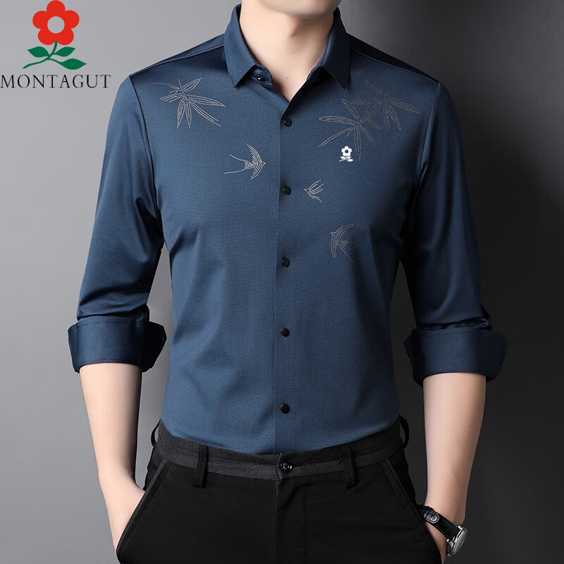 梦特娇(montagut)梦特娇男装春秋季长袖100%桑蚕丝商务休闲衬衫中老年