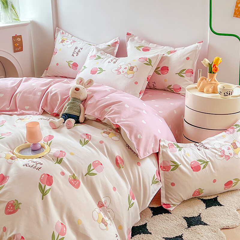 羽匠春季小清新印花四件套学生宿舍套件家用床单柔软四件套ins 洛神玫瑰 床单款 （被套200*230cm）四件套