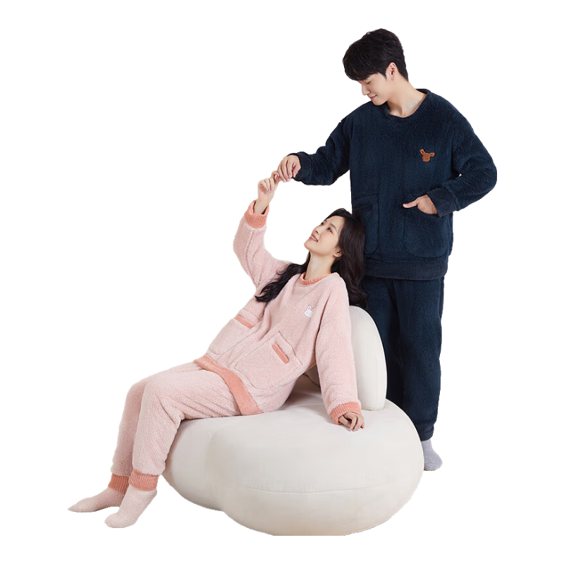 红豆居家睡衣男秋冬法兰绒时尚套头插袋款家居服套装 藏青 180/100A 