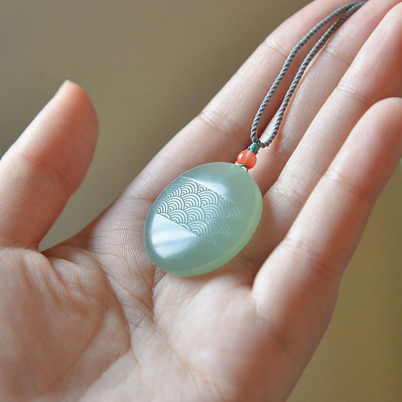 古珍 风生水起丨和田玉青玉圆形水波纹吊坠女玉石保平安项链妈妈送