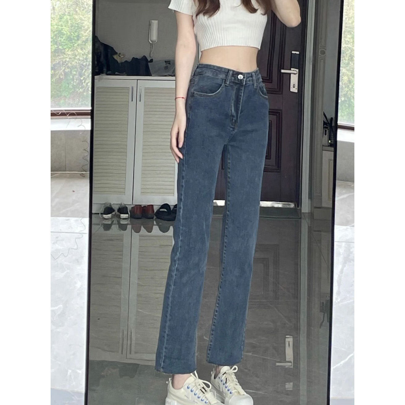 中腰牛仔裤女装小脚翻边高腰蓝灰色九分修身牛仔裤女秋春2022新款烟管