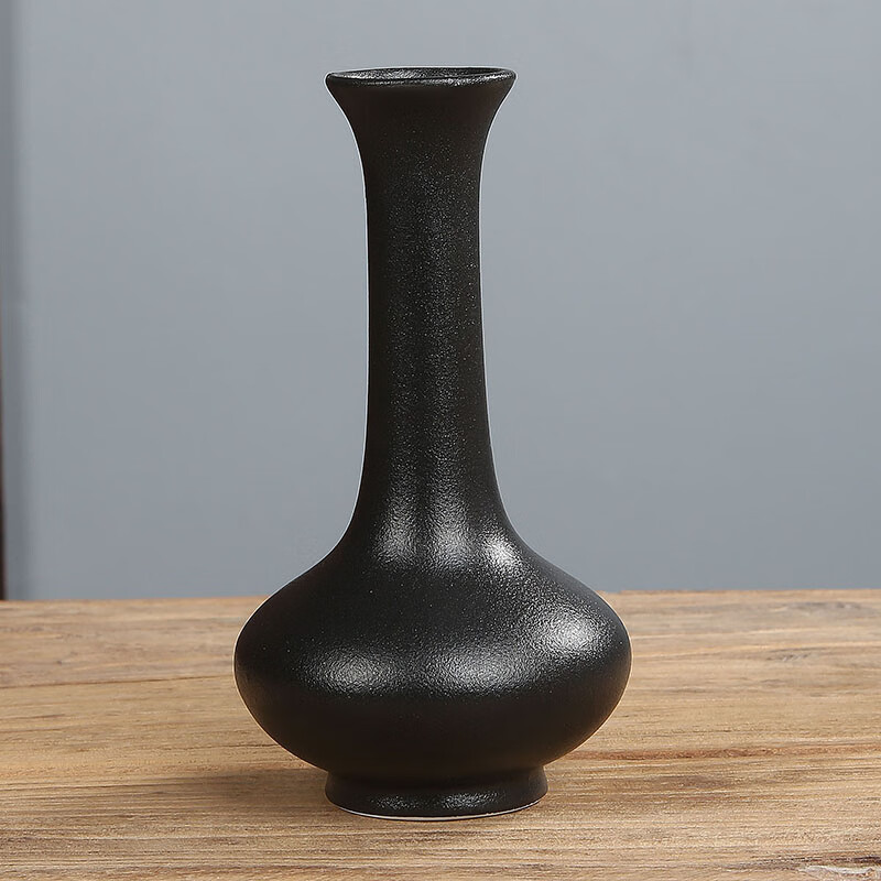 玉净瓶 黑色陶瓷花瓶净瓶小花瓶复古摆件器干花粗陶创意客厅水培居家