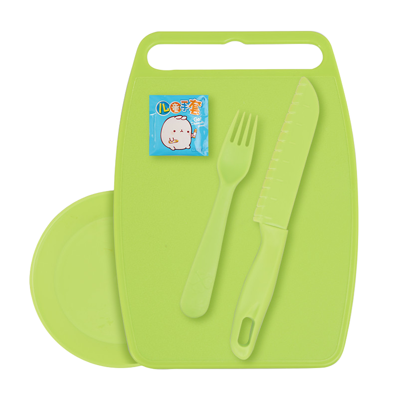 贝瑟斯 儿童水果塑料刀具5件套 安全切蔬菜砧板便携菜刀案板套装 绿色