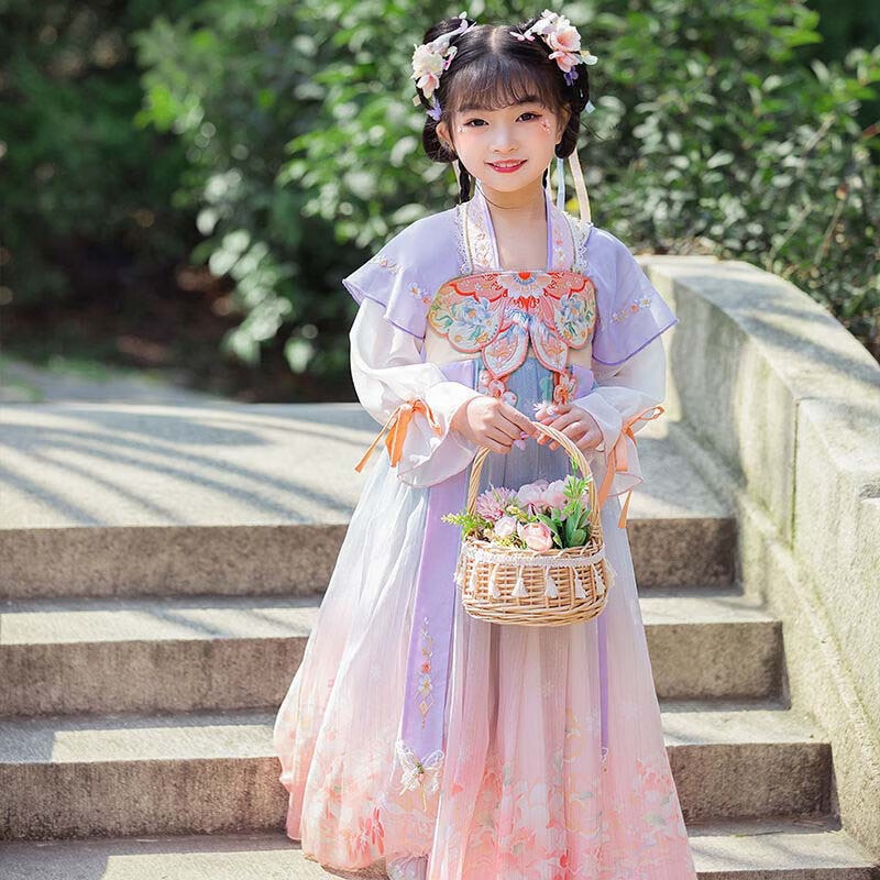 瑄妮薇汉服女童夏季薄款儿童仙古风连衣裙新款中国风唐装时尚襦裙夏款 蝴蝶紫色长 140码建议身高130-140cm使用感如何?