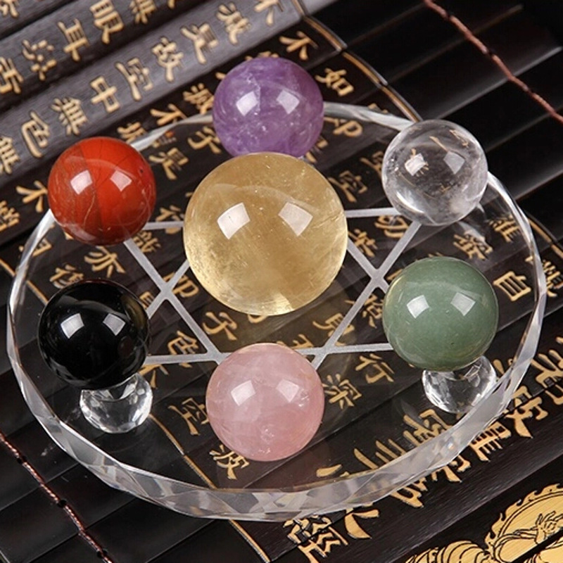 天然黄白粉紫水晶黑曜石球北斗七星阵摆件精选底盘直径10厘米+7球