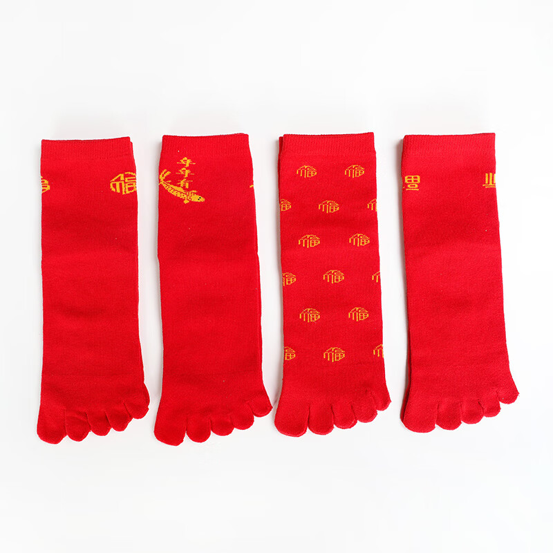 革斤威五指袜男秋冬款纯棉加厚中筒分趾本命年大红袜脚趾踩小人除晦气