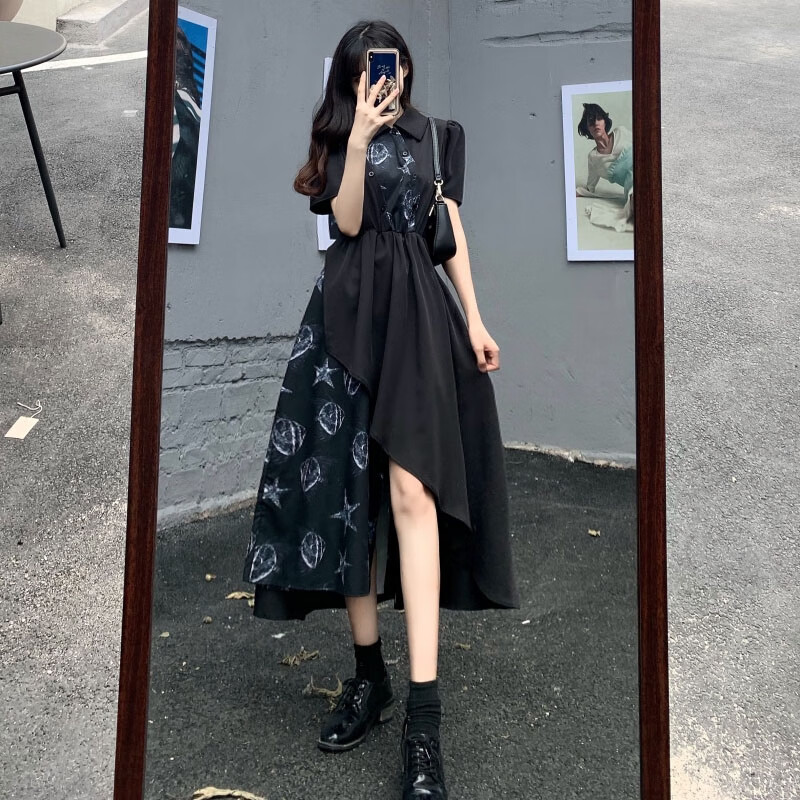 町鸾(tingluan)微胖女生礼服衬衫连衣裙女孩女高中生不规则气质 黑色