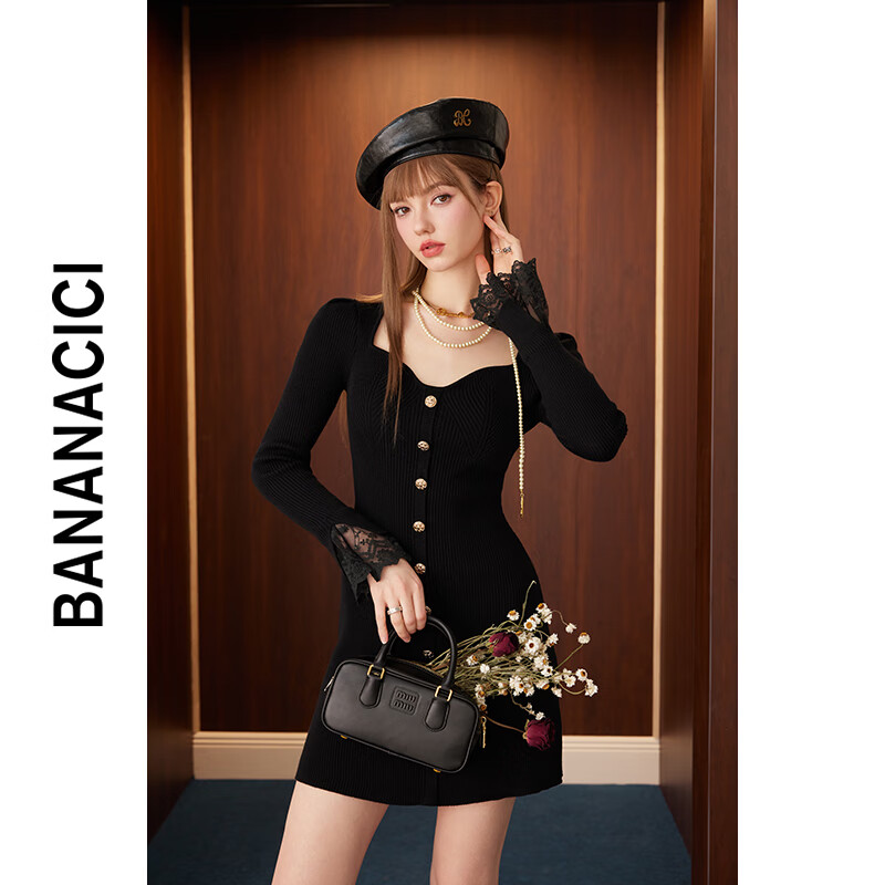 banana cici2024年秋冬新款法式纯欲风蕾丝拼接泡泡袖针织连衣裙C244LY156 黑色 M