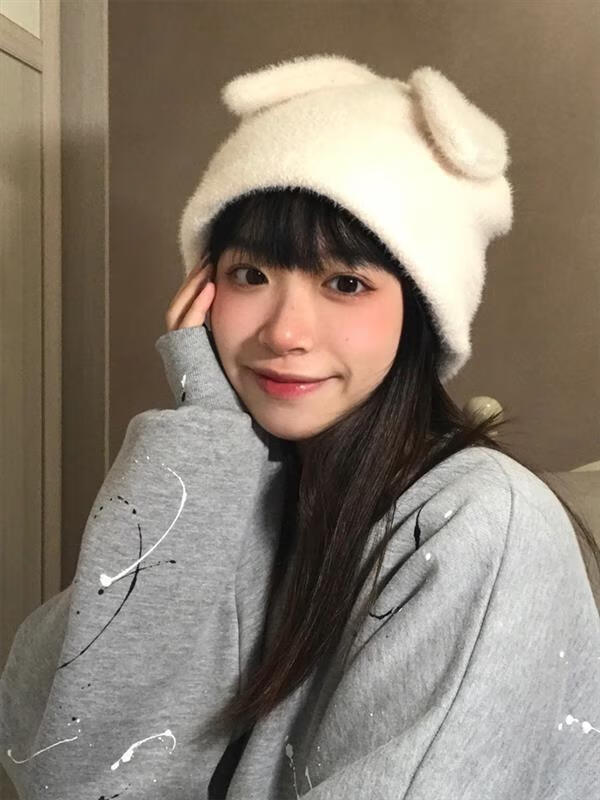 京蝌蝌月子帽痞幼可爱兔耳朵帽子女秋冬加厚保暖针织