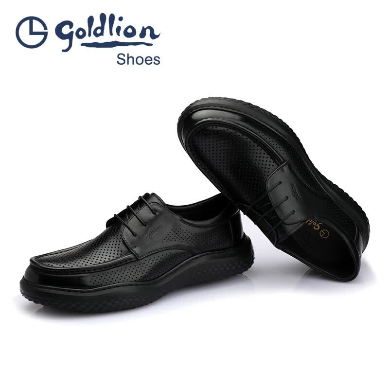 金利来（Goldlion）凉皮鞋男 夏季男士冲孔商务休闲凉鞋 圆头系带厚底透气镂空男鞋 黑色 42