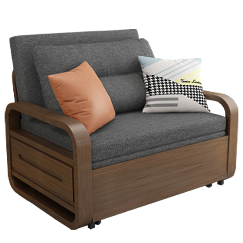 西堡迪 新中式实木折叠沙发床单人坐睡两用 轻奢客厅多功能小户型伸缩床 深灰色 0.95米3E热压椰棕款(带储物)