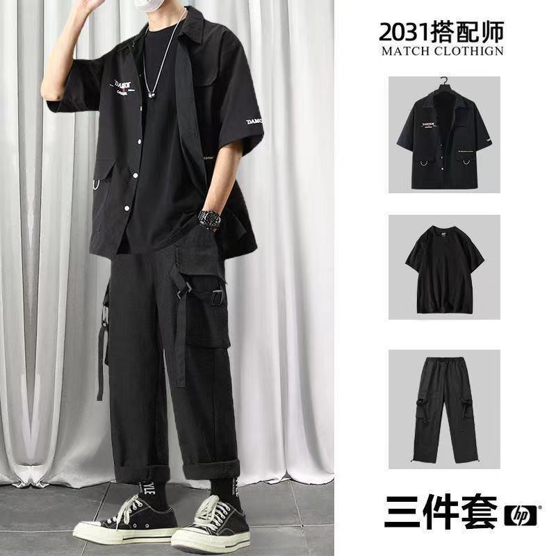 mgjo 工装裤男夏季带链子夏季衬衫男潮流工装短袖衬衣外套男生痞帅