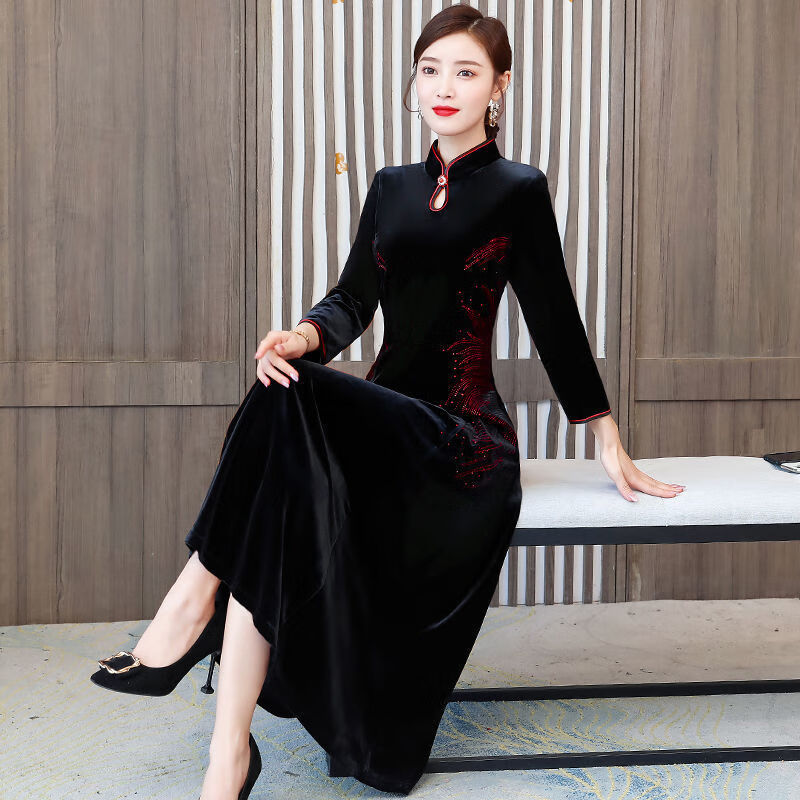 改良版2023长款长袖裙子改良旗袍连衣裙高档新款流行春秋款黑 黑色 l