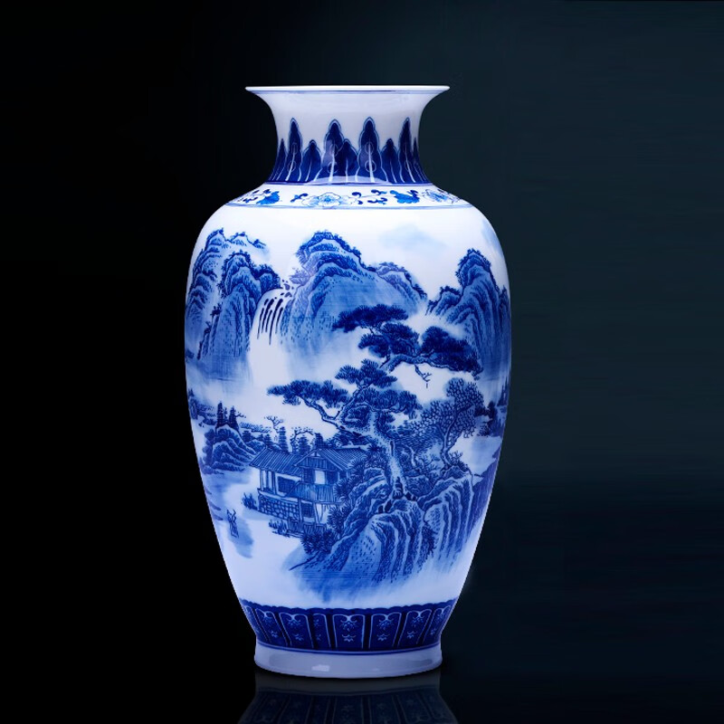 景德镇陶瓷器青花瓷花瓶花插摆件山水薄胎瓷瓶子中式客厅插花家居饰品