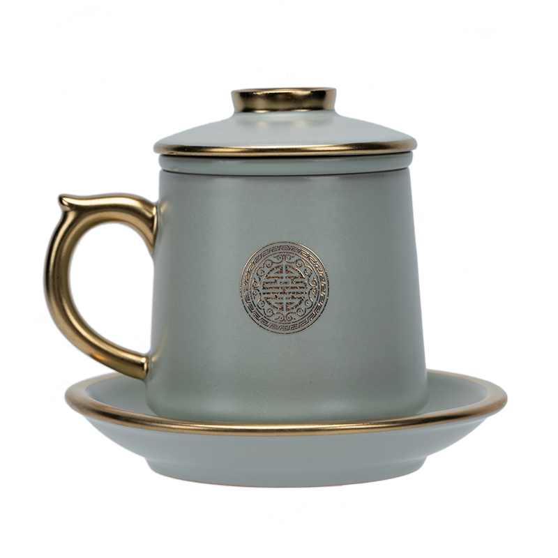 汝道（RUDAO）汝窑办公杯陶瓷带过滤茶杯描金汝瓷可养开片办公室茶水分离泡茶杯 描金汝窑龙雀杯【四件套】