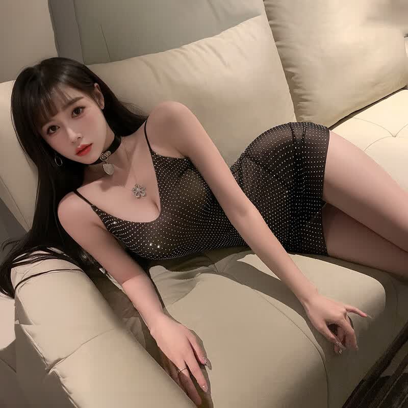 霏慕情趣包臀连衣裙套装吊带睡裙内衣女级污度诱惑夫妻刺激性感透视 暗夜繁星【连衣裙+T裤】 均码【建议体重80-130斤】