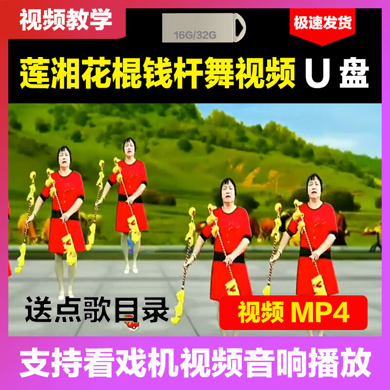 逐尘打连响花棍舞铜钱金钱棍连厢莲湘棒中老年广场舞视频u盘16g打钱杆