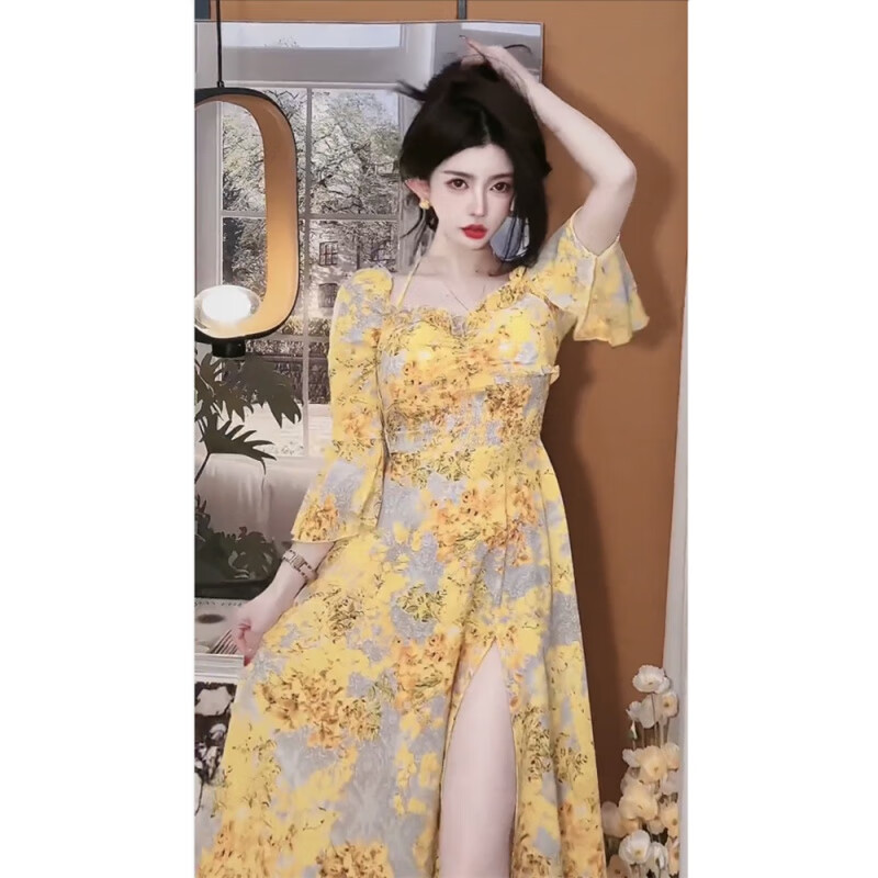 珮玛查特网红黄色战袍长款碎花裙度假连衣裙抖音黄衣2023夏季新款收腰