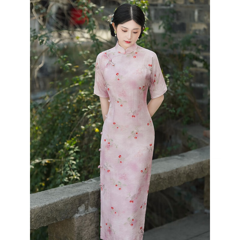 弹簧人2024年夏季长款胭脂粉古法长旗袍少女曳地温柔性感古典范女神