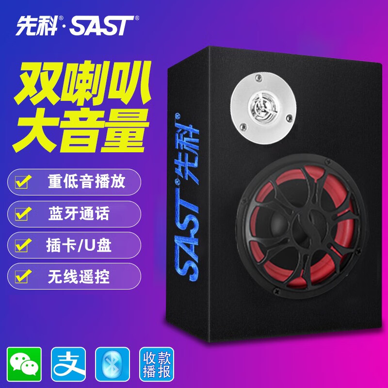 先科（SAST）便携式蓝牙车载低音炮音箱12v/24v/220v大功率音响支持插卡U盘收款摩托车汽车功放圆柱/隧道/方型 方型 8英寸低音炮