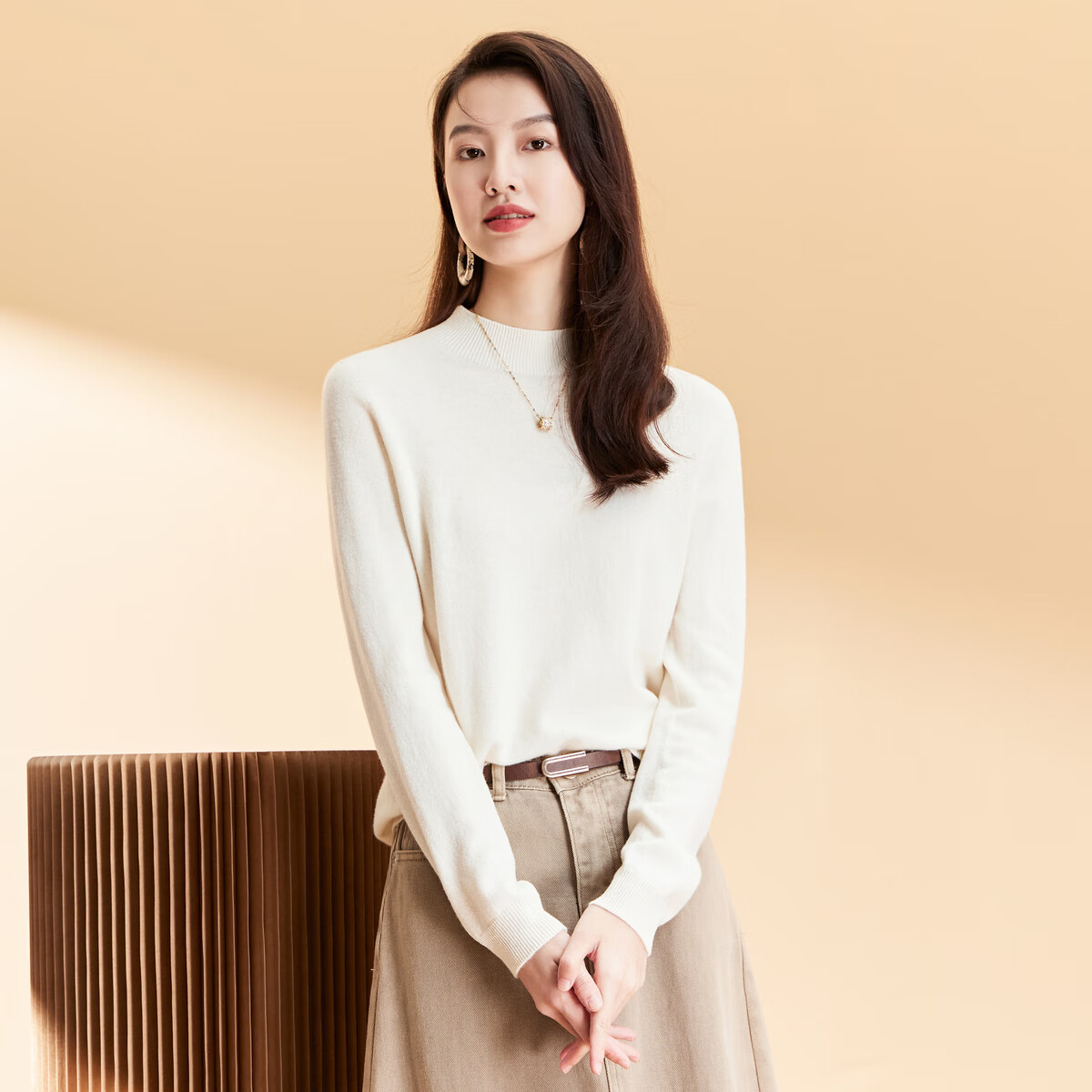 春竹100%绵羊毛半高领无缝羊毛衫基础百搭简约纯色针织打底衫毛衣女 欧白 L （100CM）