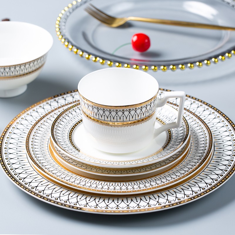 欧式骨瓷轻奢描金边玻璃牛排盘宴会样板间摆盘餐具套装 4件套 大小盘