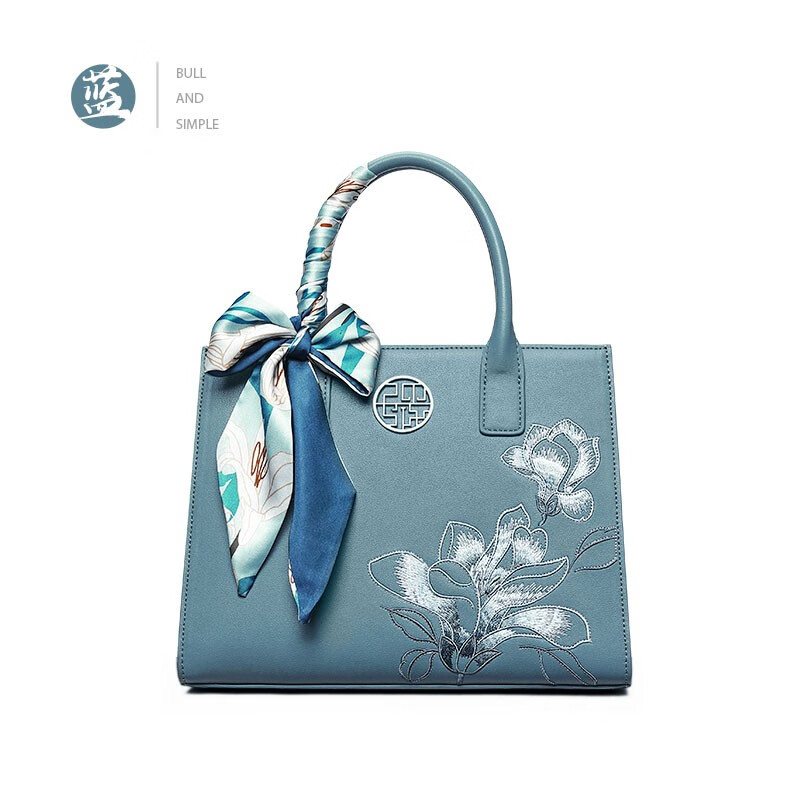 天煦女包刺绣手提包牛皮大包中年婆婆包单肩旗袍包送丈母娘礼物妈妈包 蓝绿色-送礼品袋