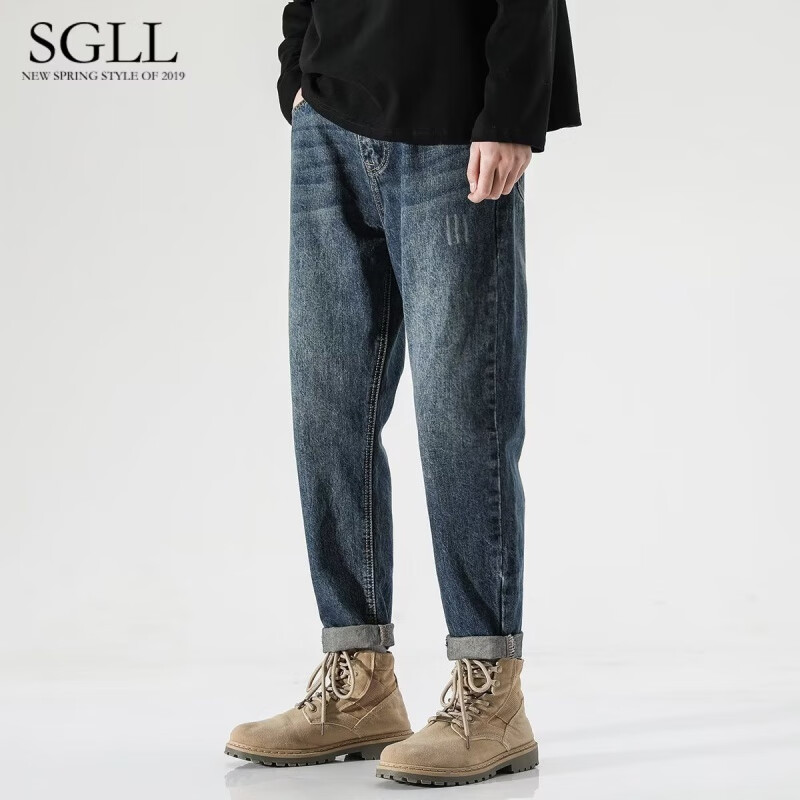 以纯(yishion)棉a21高端复古牌牛仔裤男士秋季宽松直筒哈伦小脚 qn