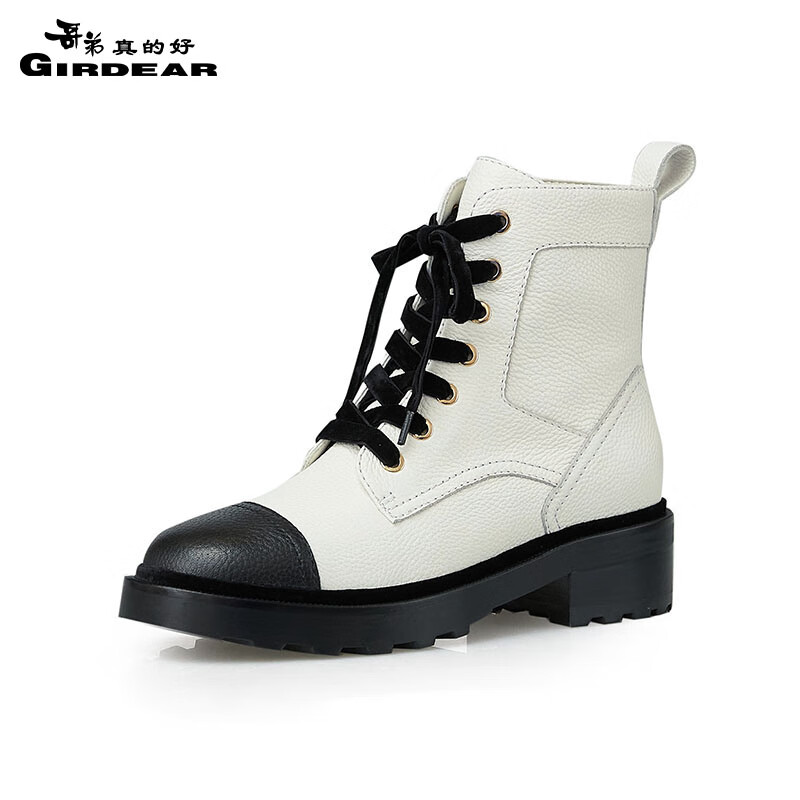 哥弟真的好女鞋牛皮绑带小香风简约质感短靴女靴ax15179 白黑 34