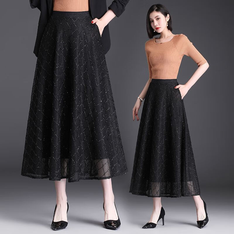 定将中年妇女高腰a字大摆裙中长款口袋款网纱半身裙2023新款春秋a字裙