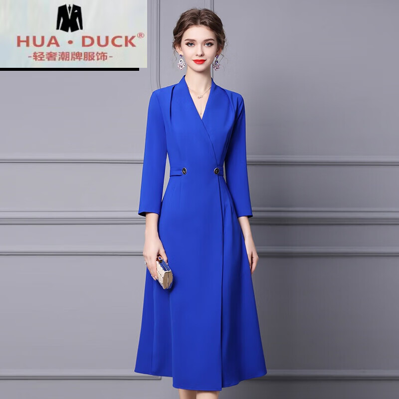 hua · duck轻奢侈国际品牌女连衣裙蓝色领通勤气质高腰显瘦长款字