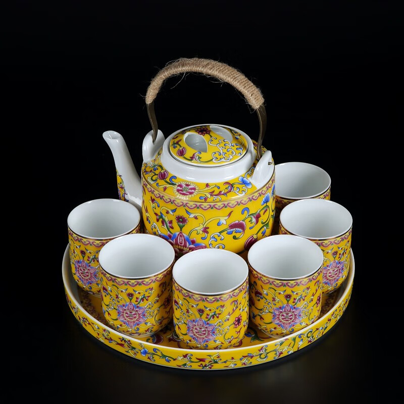 裂均 景德镇陶瓷茶具套装家用珐琅彩提梁壶茶杯茶盘八件套泡茶壶茶器