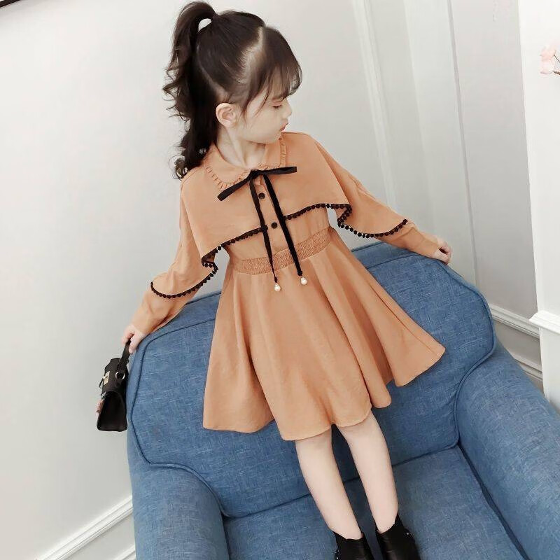 秋季小女孩8岁9衣服 长袖披肩连衣裙卡其色 110 码建议身高100cm左右