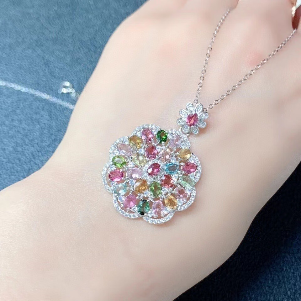 双盈喜糖果色清新活泼优雅时尚潮流天然碧玺吊坠925银镶嵌生日礼物 白金色镶嵌碧玺吊坠