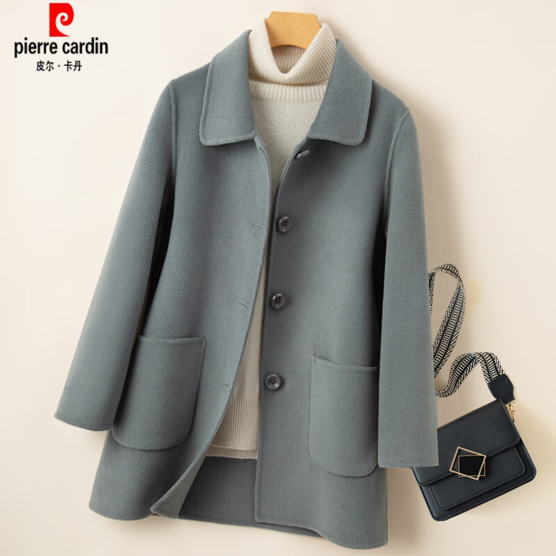 羊绒大衣女短款2023秋冬新款宽松小个子高端羊毛简约毛呢外套 灰蓝色