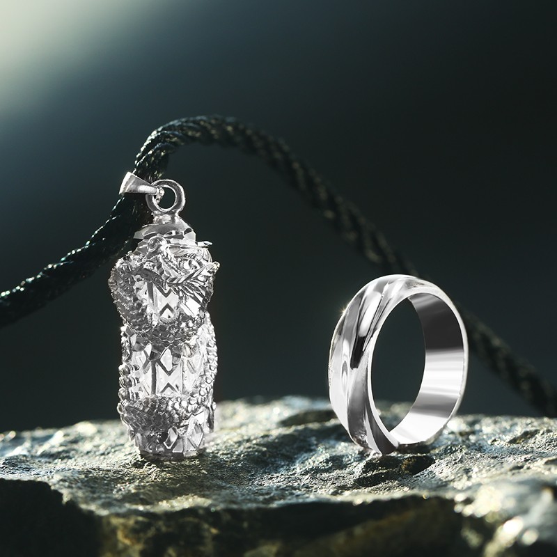 炙真银楼足银项链男潮流韩版男士项链龙柱吊坠银饰时尚