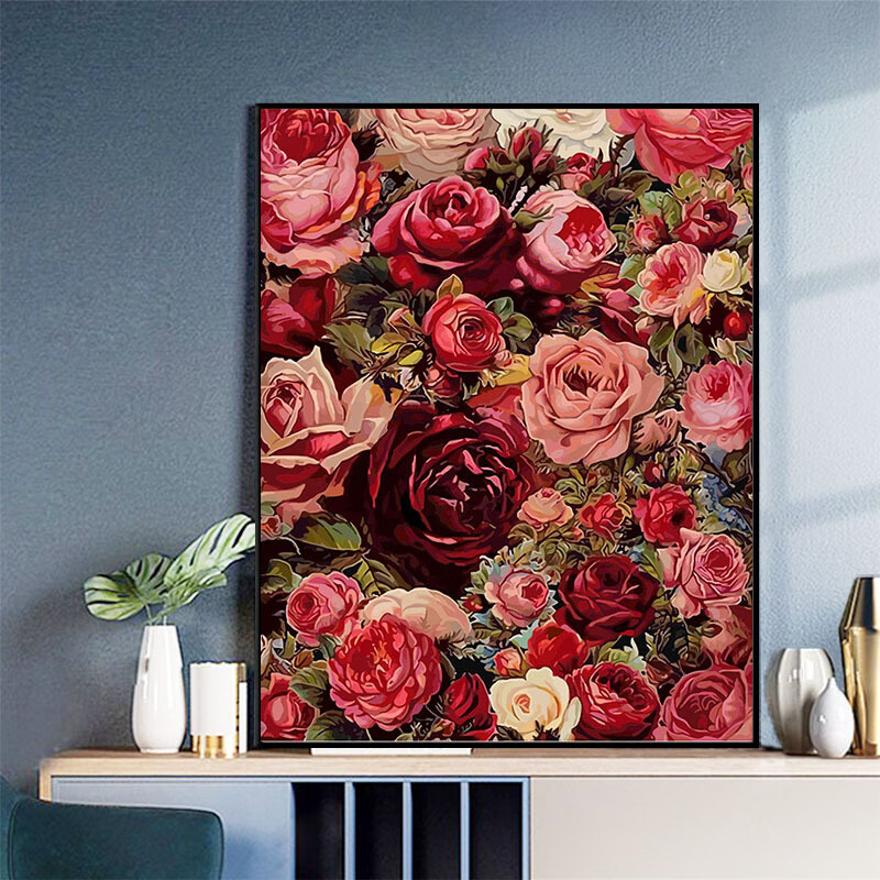 草木光阴diy数字艺术手绘油画油彩画丙烯填充手工填色玫瑰装饰画 玫瑰花开 60*75带组装外框【备注款式】