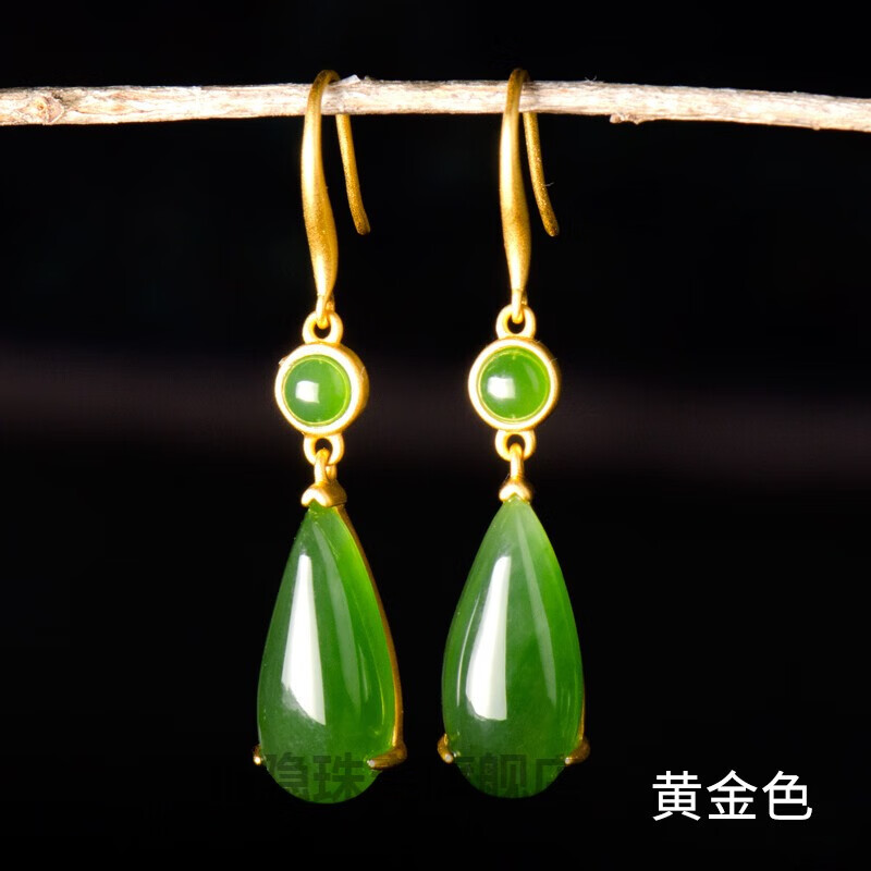 雅隐绿色古风耳环银翡翠色耳坠耳饰中国风汉服长款气质和田碧玉配证书 色碧玉银耳坠 送证书